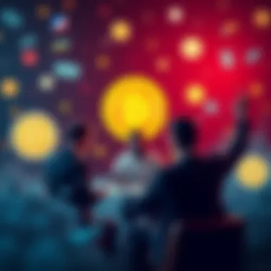 A group of people discussing Bitcoin's value and decentralization, with symbols of money and technology around them.