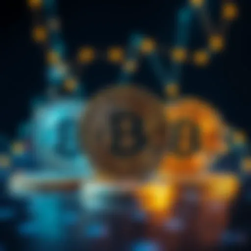 A graphic showing Bitcoin coins with question marks, symbolizing the debate over its decentralization, featuring blockchains in the background.