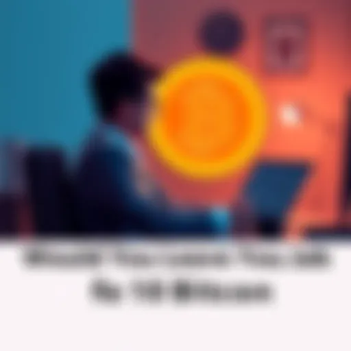 A person sitting at a desk looking at a Bitcoin symbol while pondering a job resignation letter.