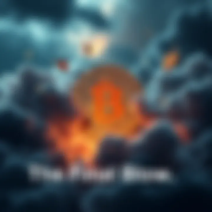 A broken Bitcoin symbol surrounded by dark clouds, representing the end of its market reign