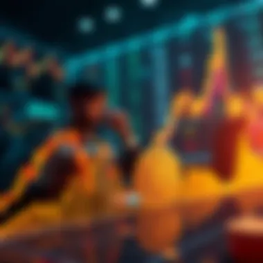 A graph showing a downward trend in Bitcoin's value with worried investors in the background looking at charts.