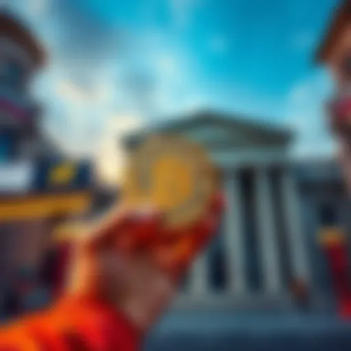 A person holding a Bitcoin in front of traditional bank buildings, representing resistance to the banking system