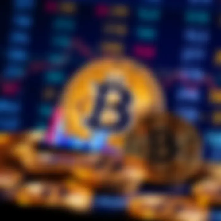 A close-up view of digital coins symbolizing Bitcoin, showing the Bitcoin logo on a virtual screen with numbers in the background, illustrating its abstract nature.