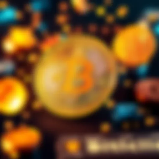 Representation of Bitcoin coin surrounded by digital currency symbols