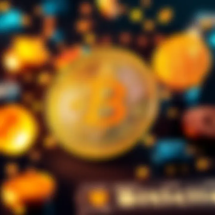 Representation of Bitcoin coin surrounded by digital currency symbols