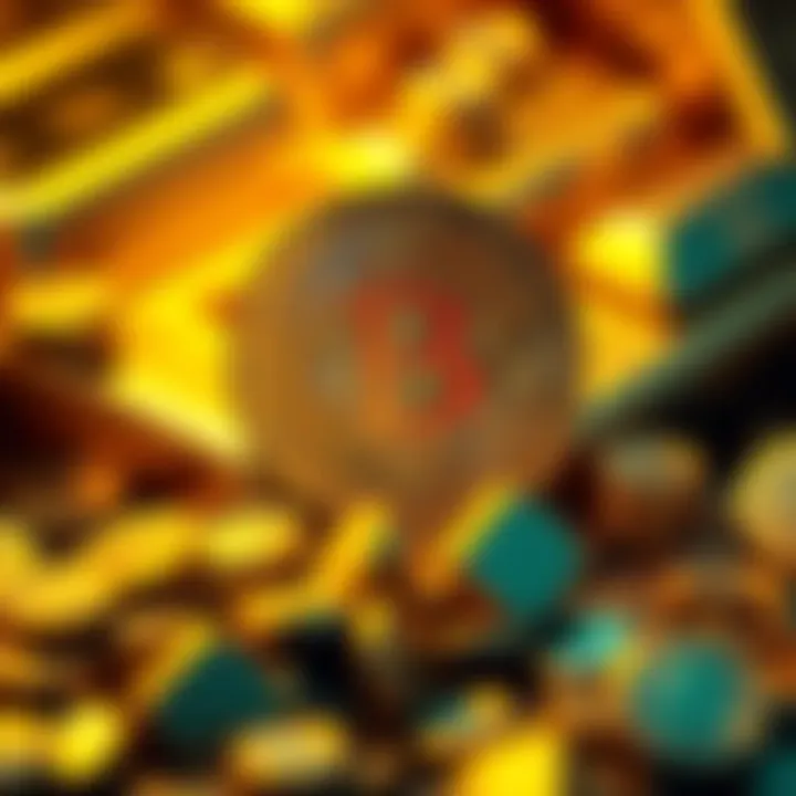 A visual representation of Bitcoin symbolizing digital gold, surrounded by gold bars and coins, showcasing its value as a cryptocurrency investment.