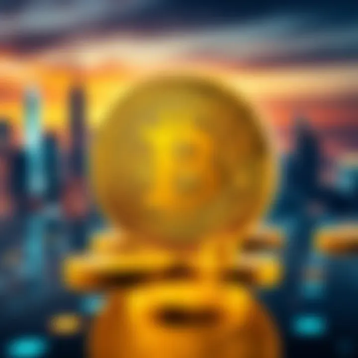 A shiny gold coin symbolizing Bitcoin, placed on a digital background representing wealth, with a futuristic skyline in the distance.