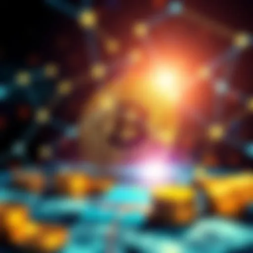 A visual representation of bitcoin symbolizing a secure digital ledger, with global connections, and various forms of money around it.