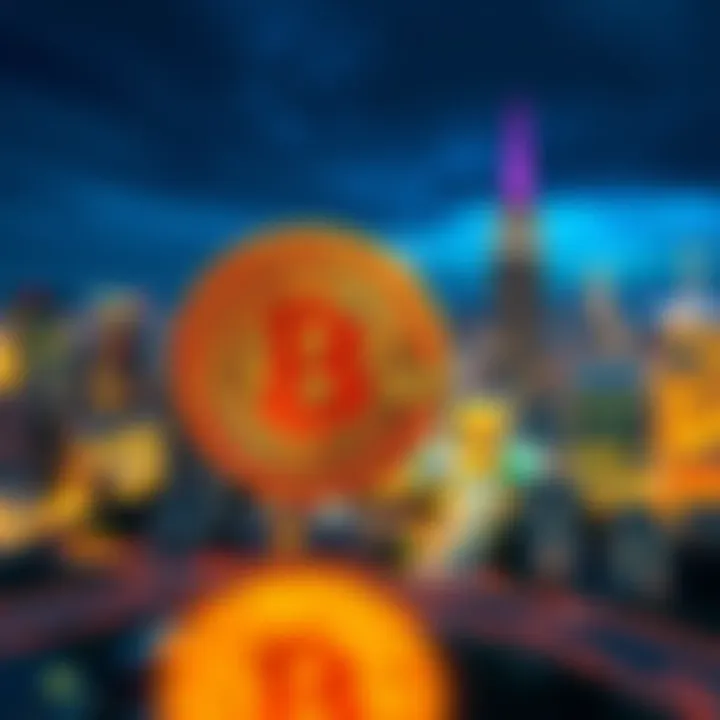A glowing Bitcoin symbol in the foreground with a city skyline and digital real estate graphics in the background, symbolizing Bitcoin's evolution into digital assets.