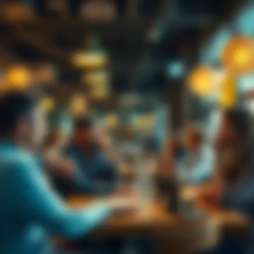 A group of people in a cafe discussing Bitcoin's price drop potential and buying opportunities
