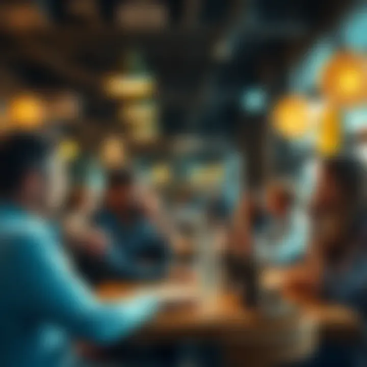 A group of people in a cafe discussing Bitcoin's price drop potential and buying opportunities