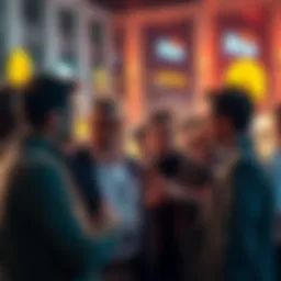 Group of people talking about their Bitcoin profits, with mixed reactions of interest and envy.