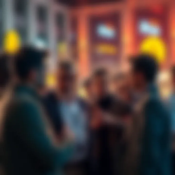 Group of people talking about their Bitcoin profits, with mixed reactions of interest and envy.