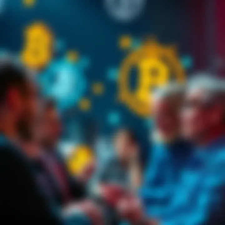 People engaged in a lively conversation about Bitcoin, sharing insights and asking questions, with digital icons representing Bitcoin in the background.