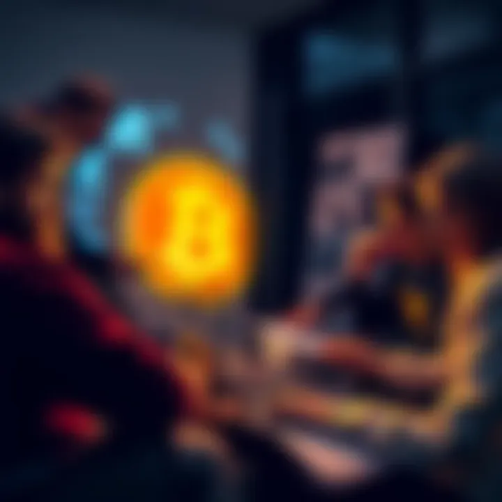 People engaging in a discussion about Bitcoin with laptops and notes