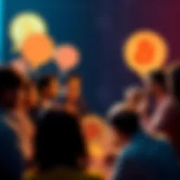 A diverse group of people engaging in a lively discussion about Bitcoin, with speech bubbles and digital symbols around them.