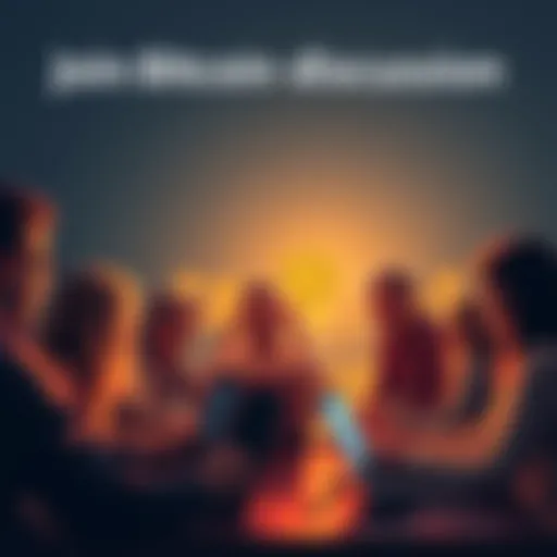 A group of people discussing Bitcoin with laptops and phones, eager to share knowledge and learn