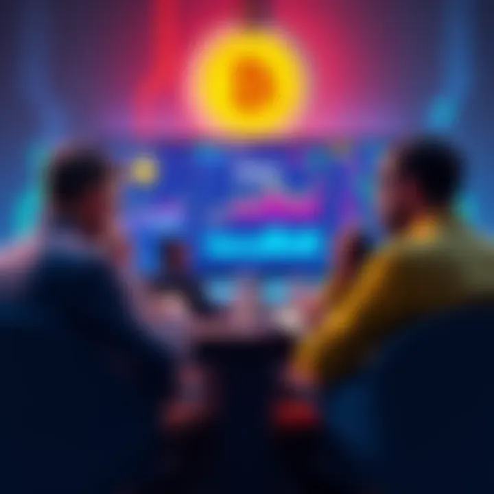 People discussing Bitcoin in a forum setting with charts and graphs displayed on a screen.