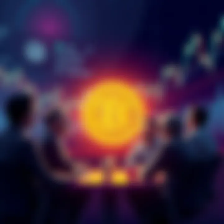 Group of people discussing Bitcoin A group of people engaged in a lively discussion about Bitcoin, with charts and graphs in the background showing price trends.