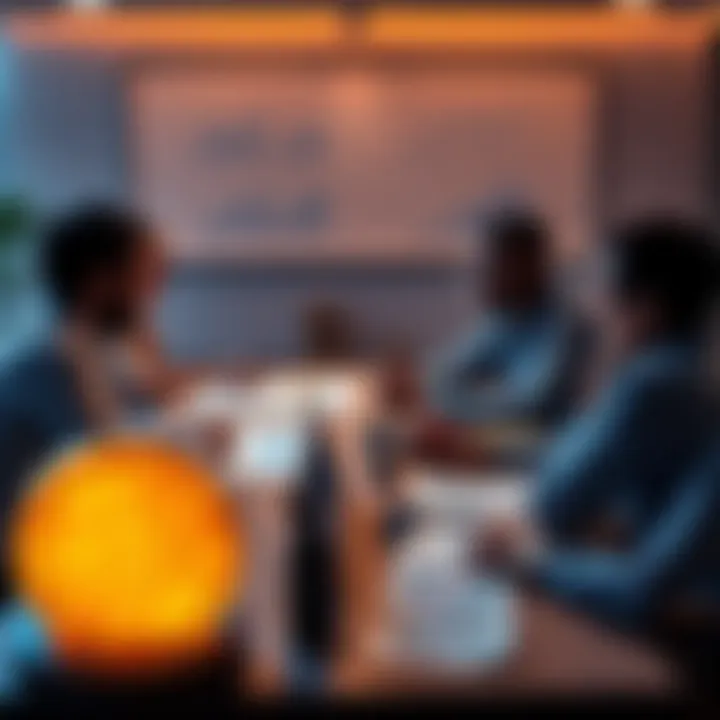 A group of people discussing Bitcoin at a table with charts and notes.