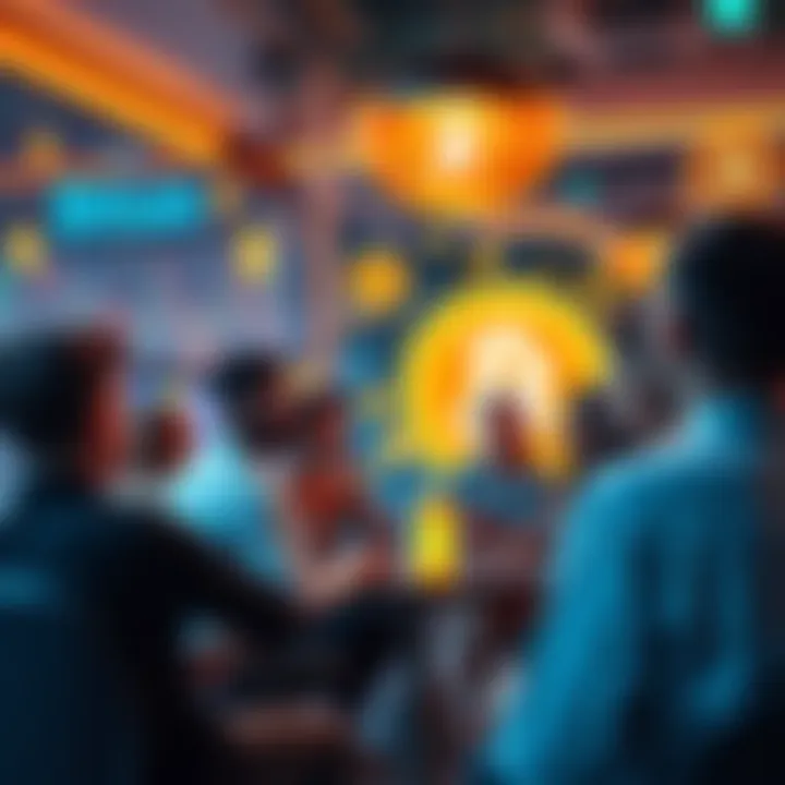A group of people discussing Bitcoin in a lively chat setting with crypto graphics in the background.