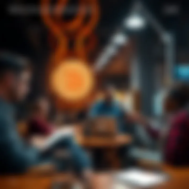 A group of people engaging in conversation about Bitcoin, sharing insights and ideas in a cozy setting, with laptops and notebooks visible.