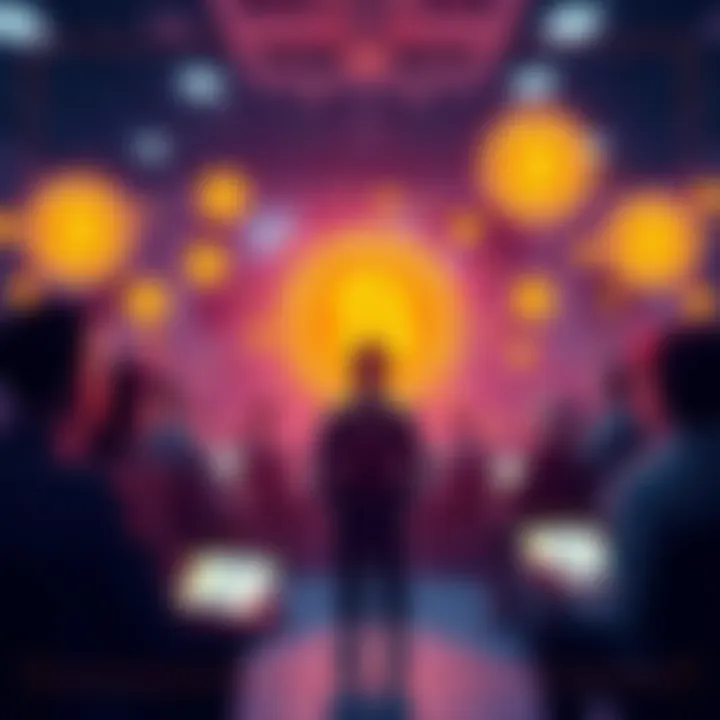 A group of people discussing Bitcoin in a forum setting, with digital graphics of Bitcoin symbols around them.