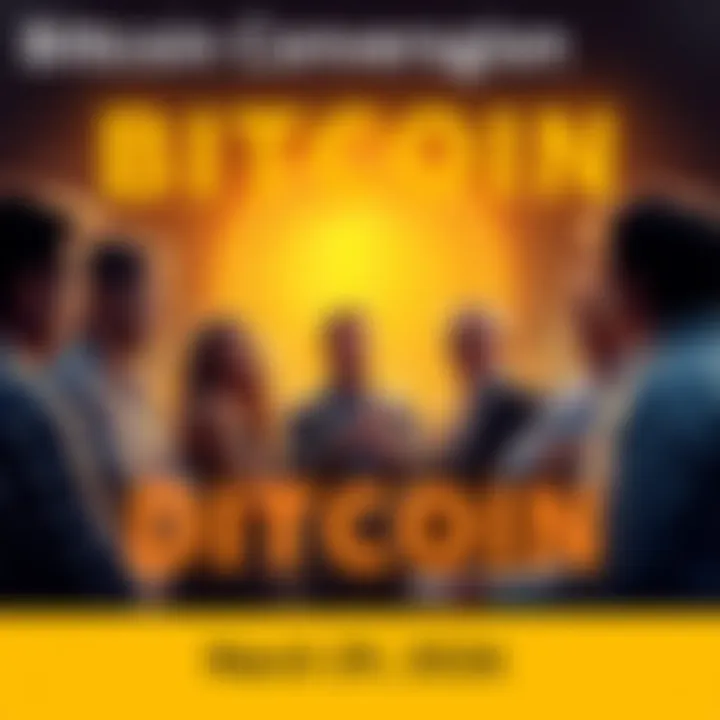 A group of people engaging in a lively discussion about Bitcoin, with digital charts and graphs in the background.