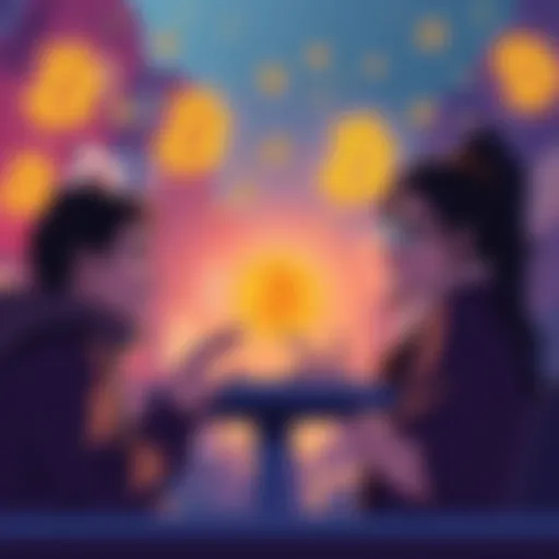 A group of people engaging in a heated discussion about Bitcoin, with cryptocurrency symbols in the background.