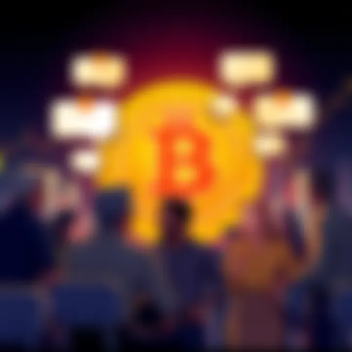 People engaging in a lively conversation about Bitcoin with speech bubbles and charts in the background.