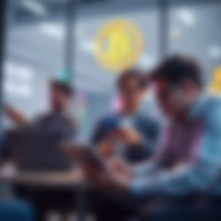 A group of people discussing Bitcoin with laptops and smartphones