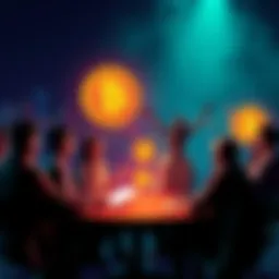 People engaging in a lively discussion about Bitcoin with charts and digital currency visuals