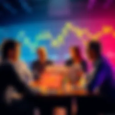 A group of people discussing Bitcoin with laptops and charts in the background