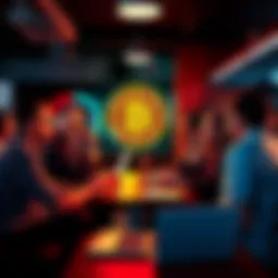 A group of people engaging in a lively conversation about Bitcoin in a relaxed setting with laptops and drinks.