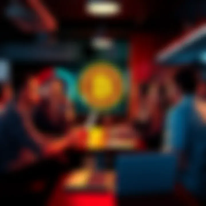 A group of people engaging in a lively conversation about Bitcoin in a relaxed setting with laptops and drinks.