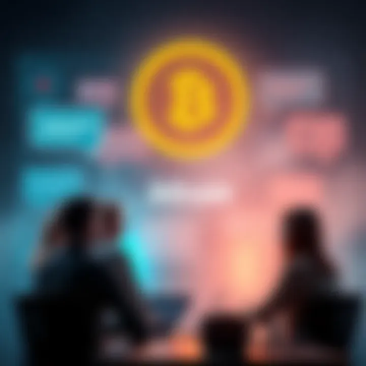 People discussing Bitcoin in an online forum setting, with chat bubbles and a Bitcoin logo in the background.