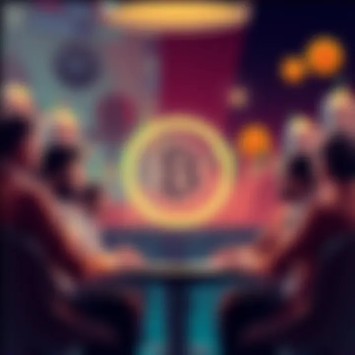 A graphic showing people engaged in a discussion about Bitcoin, with charts and symbols of Bitcoin in the background.