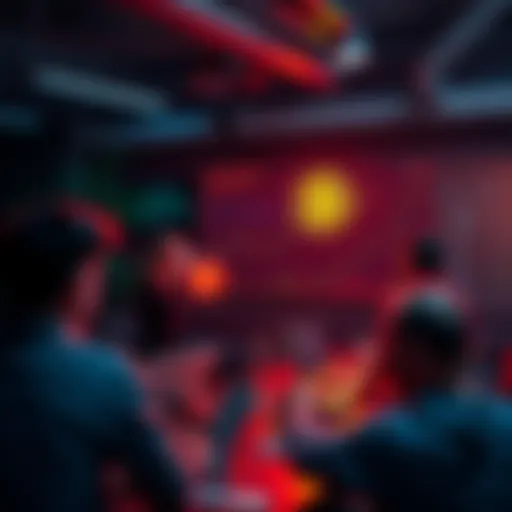 A group of people discussing Bitcoin with charts and laptops around them.