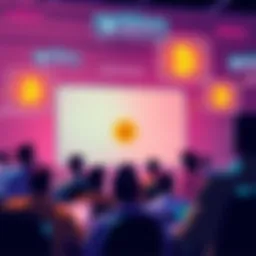 A vibrant online forum scene with people discussing Bitcoin, featuring chat bubbles and Bitcoin symbols.