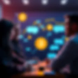 A group of people discussing Bitcoin in an online forum, with chat bubbles and Bitcoin graphics