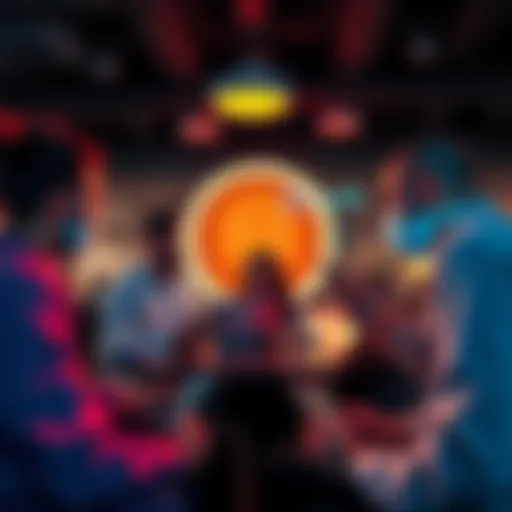 A group of people discussing Bitcoin with laptops and smartphones, sharing insights and asking questions in a lively atmosphere.