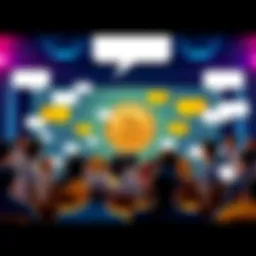 A lively online forum where people are sharing their thoughts on Bitcoin, with speech bubbles representing questions and insights.