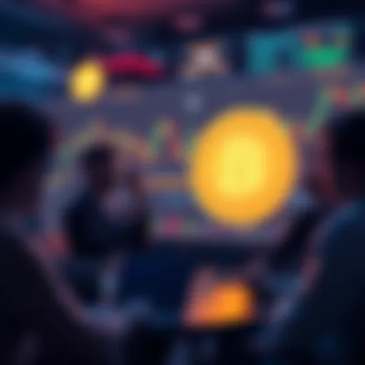 Bitcoin Discussion Thread People engaging in a discussion about Bitcoin with charts and digital currency graphics in the background.