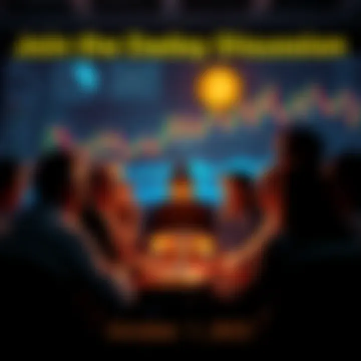 People engaging in a lively discussion about Bitcoin with charts and graphs in the background
