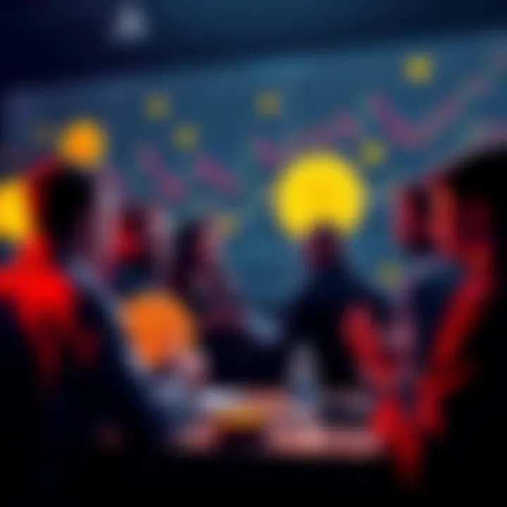 A group of people engaging in a conversation about Bitcoin, with charts and Bitcoin symbols around them.