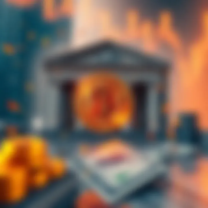 A digital representation of Bitcoin symbol challenging a bank building