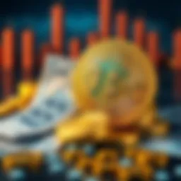 A graphic showing Bitcoin coins with a downward trend line and dividend checks, highlighting the contrast between traditional finance and cryptocurrency dividends