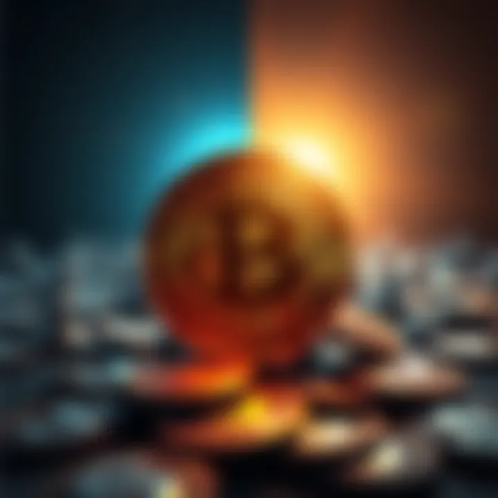 Bitcoin and Dollar Symbols A graphic showing Bitcoin and dollar signs with a split background depicting a digital currency landscape and traditional finance.