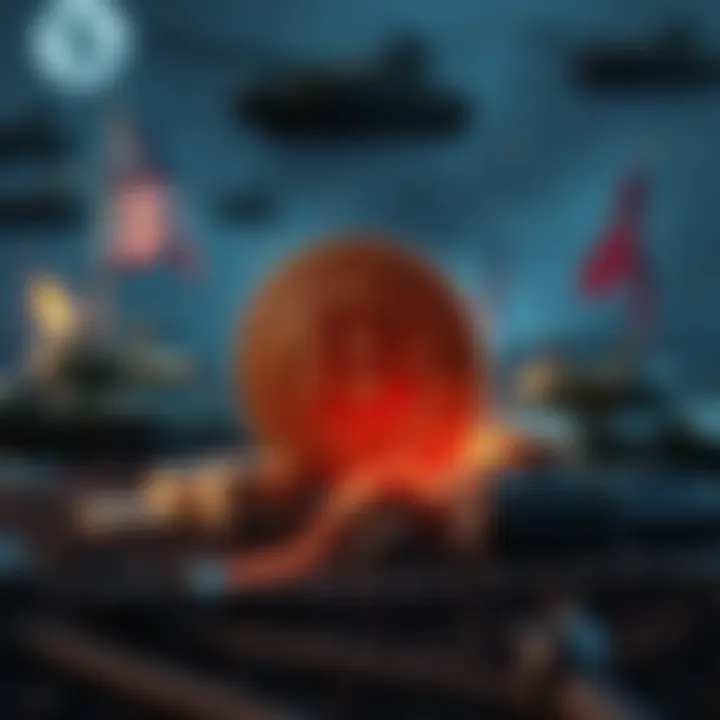 A visual representation of Bitcoin coins and a declining dollar symbol, set against a backdrop of conflict symbols like tanks and war