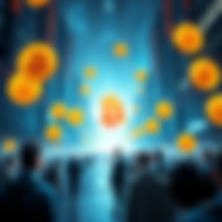 A futuristic cityscape showing Bitcoin symbols instead of traditional currency, with people looking confused about economic changes.